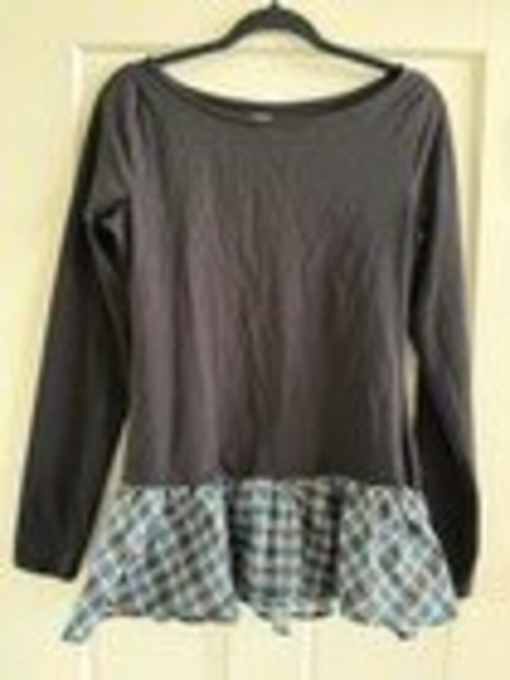 Maeve Black Blue Plaid Ruffle Peplum Tunic Blouse Long Sleeve Boat Neck M EUC